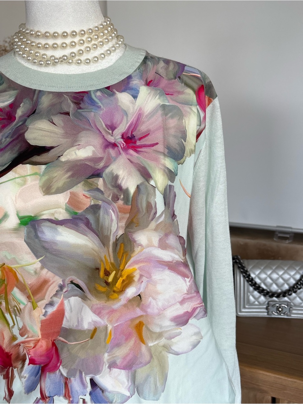 Ted Baker Gertie Hanging Gardens Floral Silk Blend Sweater Mint UK 3 US 8 M 90s - Picture 8 of 15